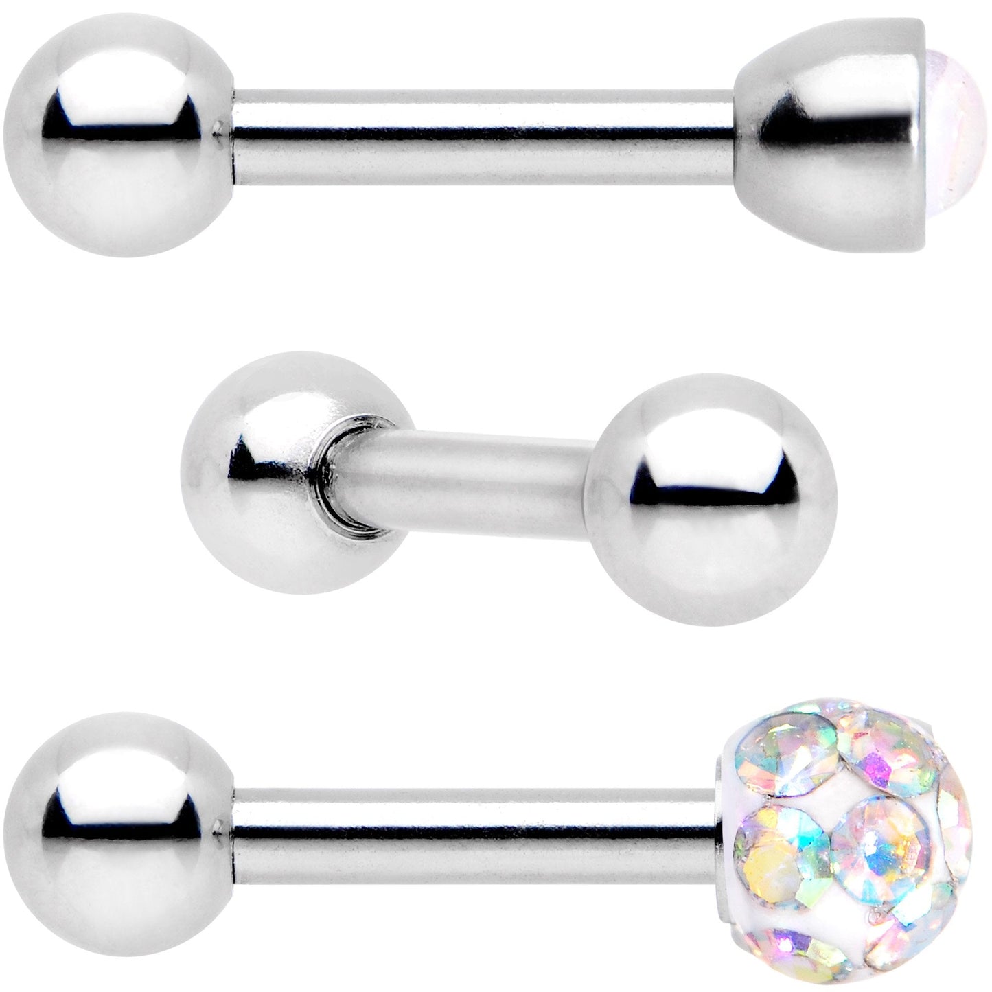 16G 1/4 White Faux Opal Inlay Cartilage Tragus Earring 3 Pack Set