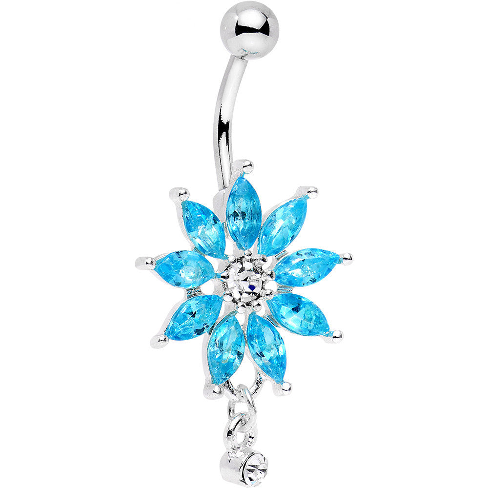 Clear Aqua Gem Breathtaking Flower Dangle Belly Ring