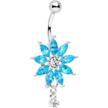 Clear Aqua Gem Breathtaking Flower Dangle Belly Ring